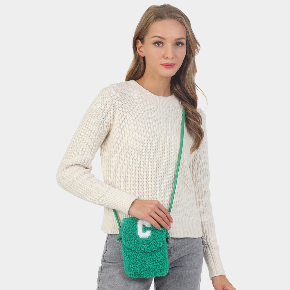 Madeline Love Green C Initial Monogram Sherpa Crossbody Cellphone Bag - Bags & Wallets