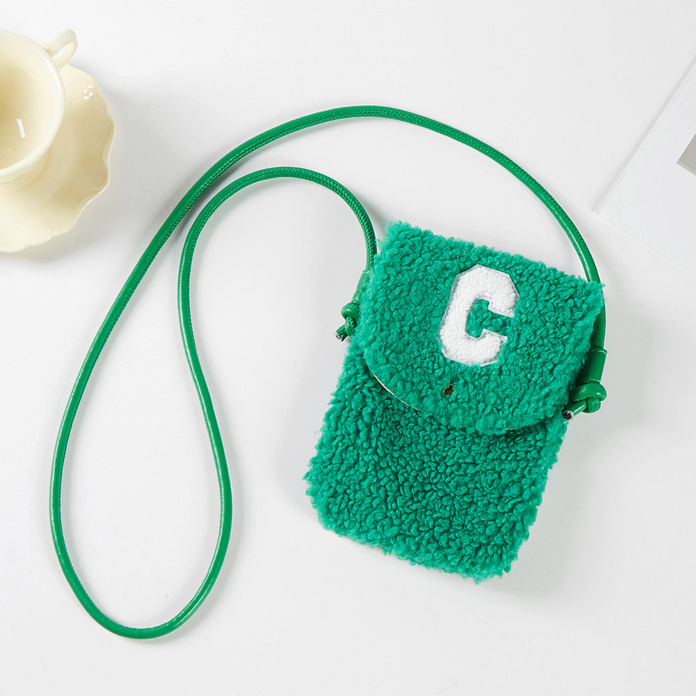 Madeline Love Green C Initial Monogram Sherpa Crossbody Cellphone Bag - Bags & Wallets - desc