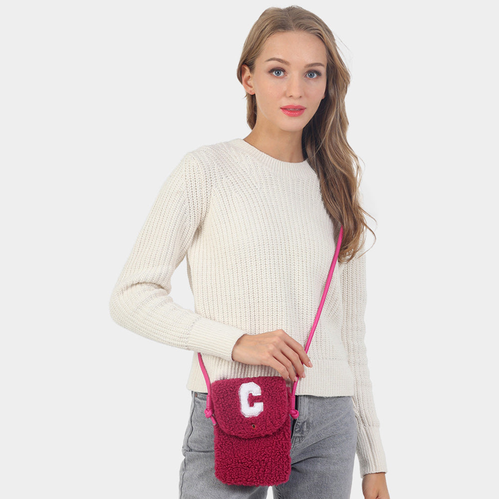 Madeline Love Pink C Initial Monogram Sherpa Crossbody Cellphone Bag - Bags & Wallets