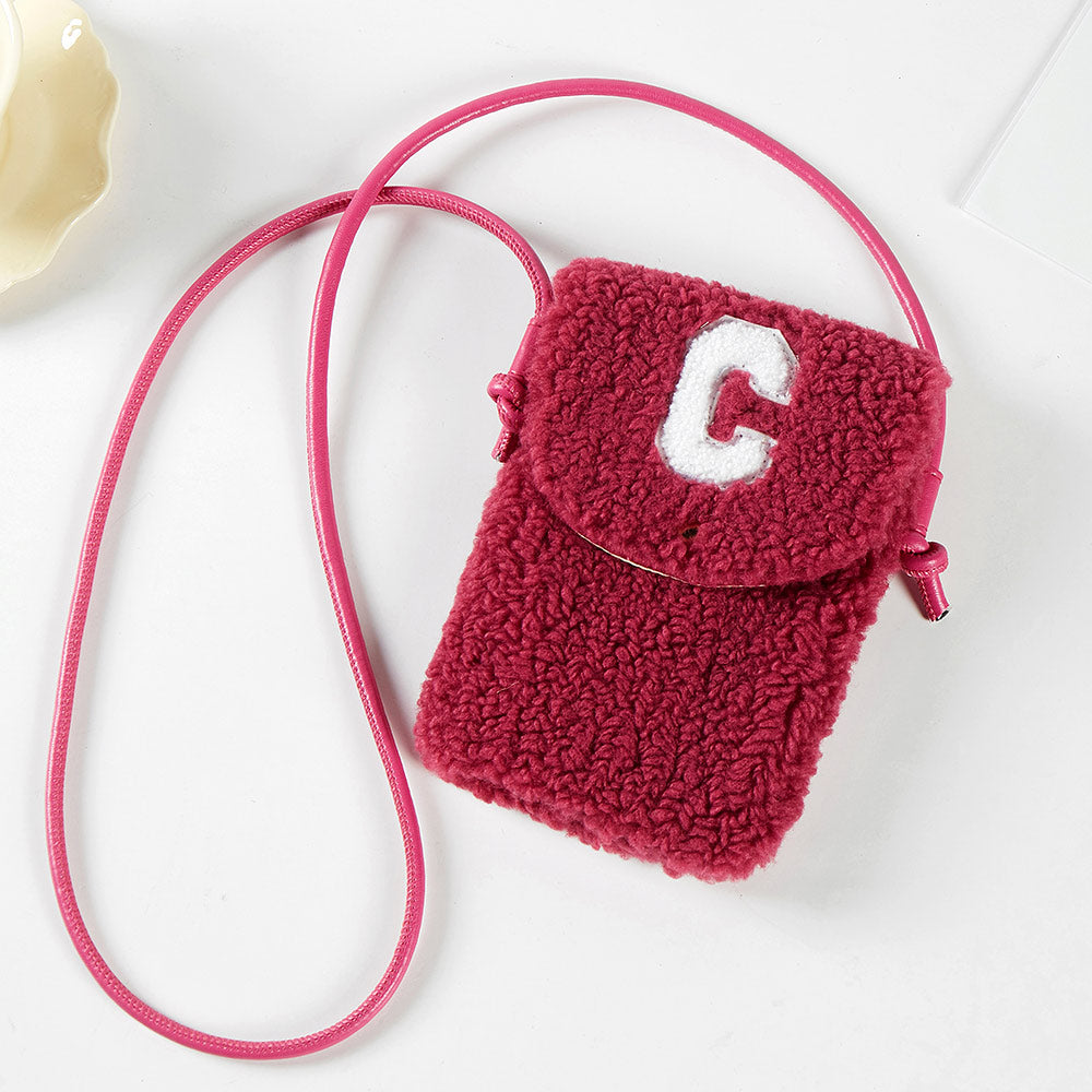Madeline Love Pink C Initial Monogram Sherpa Crossbody Cellphone Bag - Bags & Wallets - desc