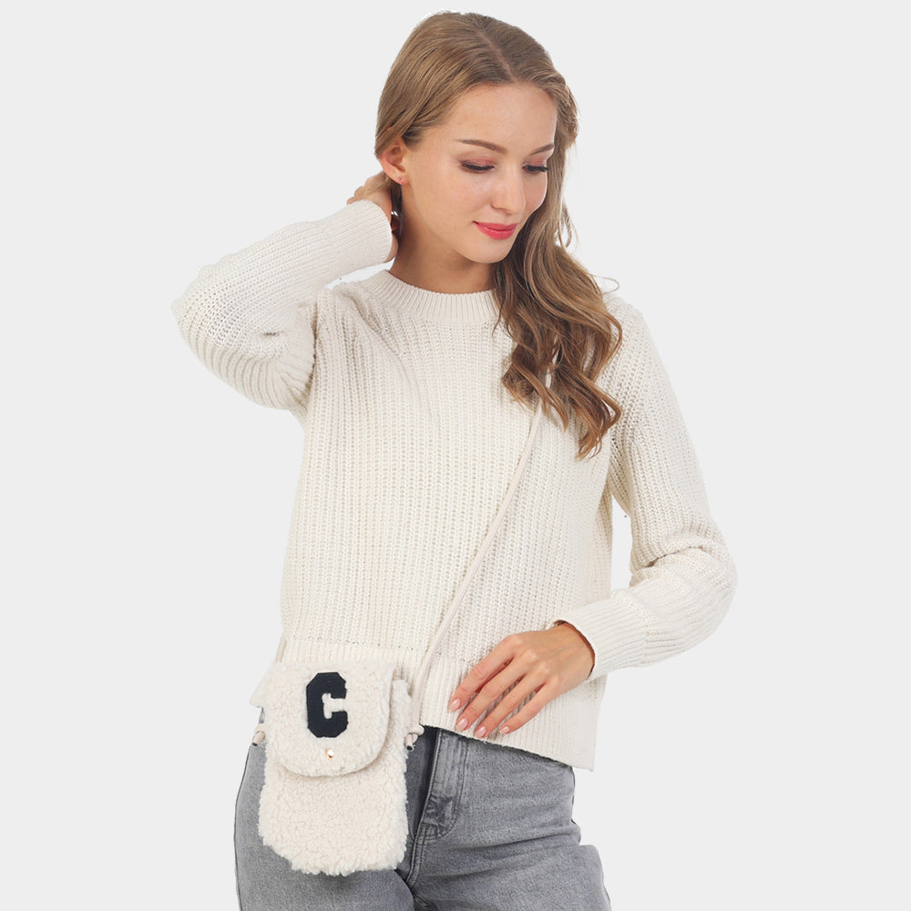 Madeline Love Ivory C Initial Monogram Sherpa Crossbody Cellphone Bag - Bags & Wallets