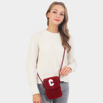 Madeline Love Red C Initial Monogram Sherpa Crossbody Cellphone Bag - Bags & Wallets