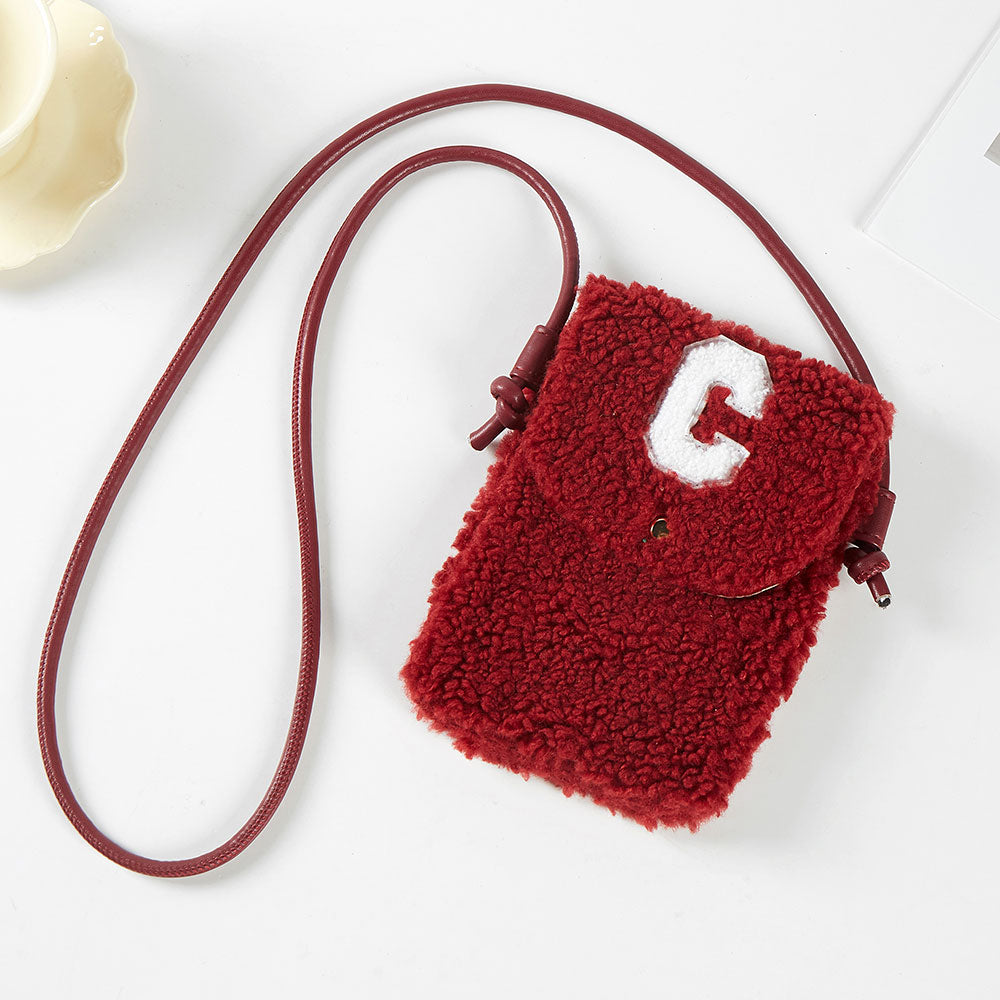 Madeline Love Red C Initial Monogram Sherpa Crossbody Cellphone Bag - Bags & Wallets - desc