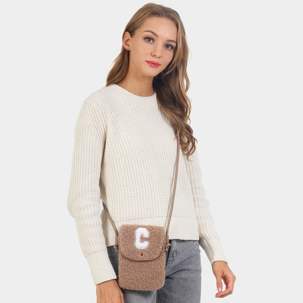 Madeline Love Taupe C Initial Monogram Sherpa Crossbody Cellphone Bag - Bags & Wallets