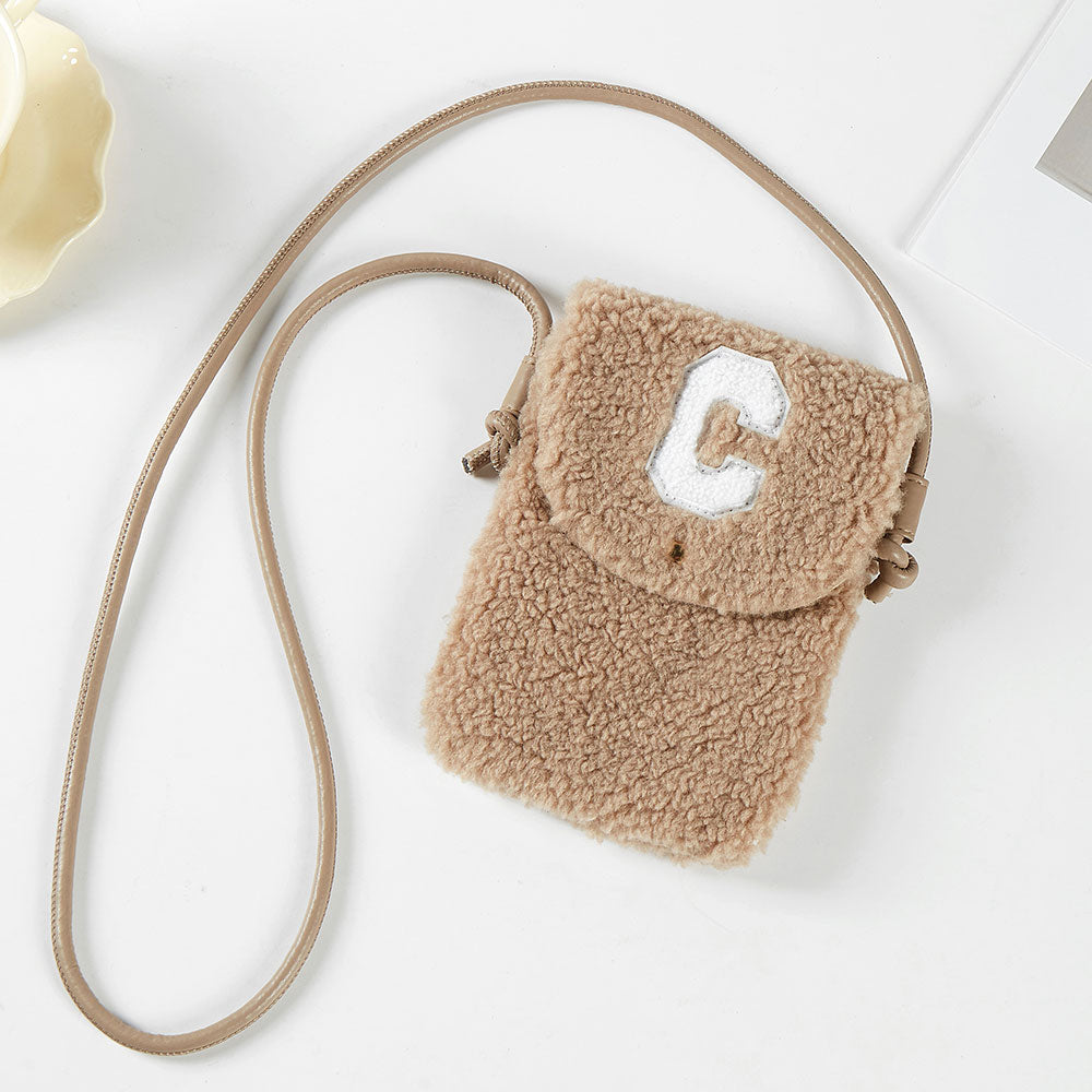 Madeline Love Taupe C Initial Monogram Sherpa Crossbody Cellphone Bag - Bags & Wallets - desc