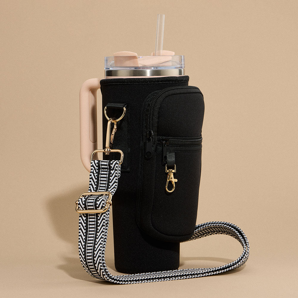Madeline Love Black Solid Tumbler Carrier Holder Chevron Pattern Strap Crossbody Bag - Bags & Wallets