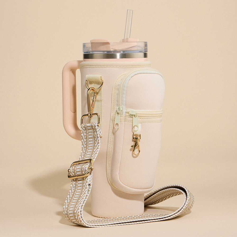 Madeline Love Ivory Solid Tumbler Carrier Holder Chevron Pattern Strap Crossbody Bag - Bags & Wallets