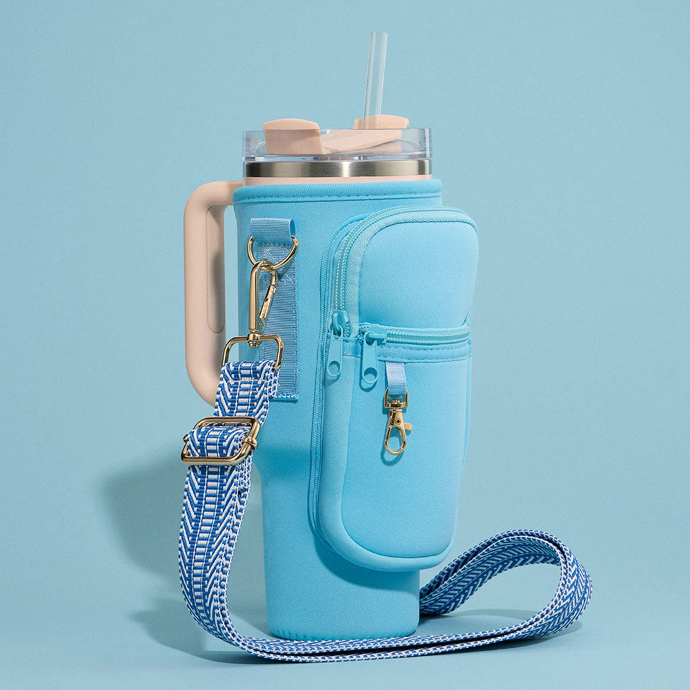Madeline Love Light Blue Solid Tumbler Carrier Holder Chevron Pattern Strap Crossbody Bag - Bags & Wallets