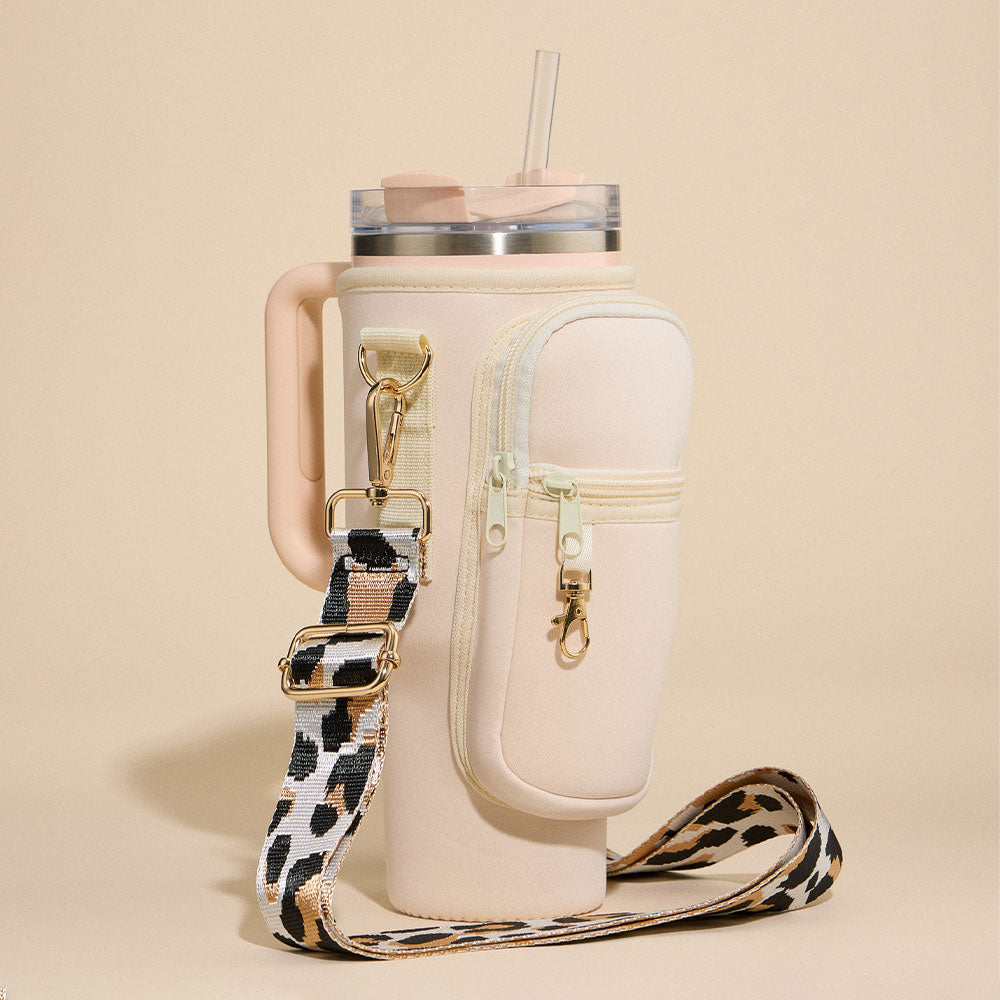 Madeline Love Ivory Solid Tumbler Carrier Holder Leopard Pattern Strap Crossbody Bag - Bags & Wallets