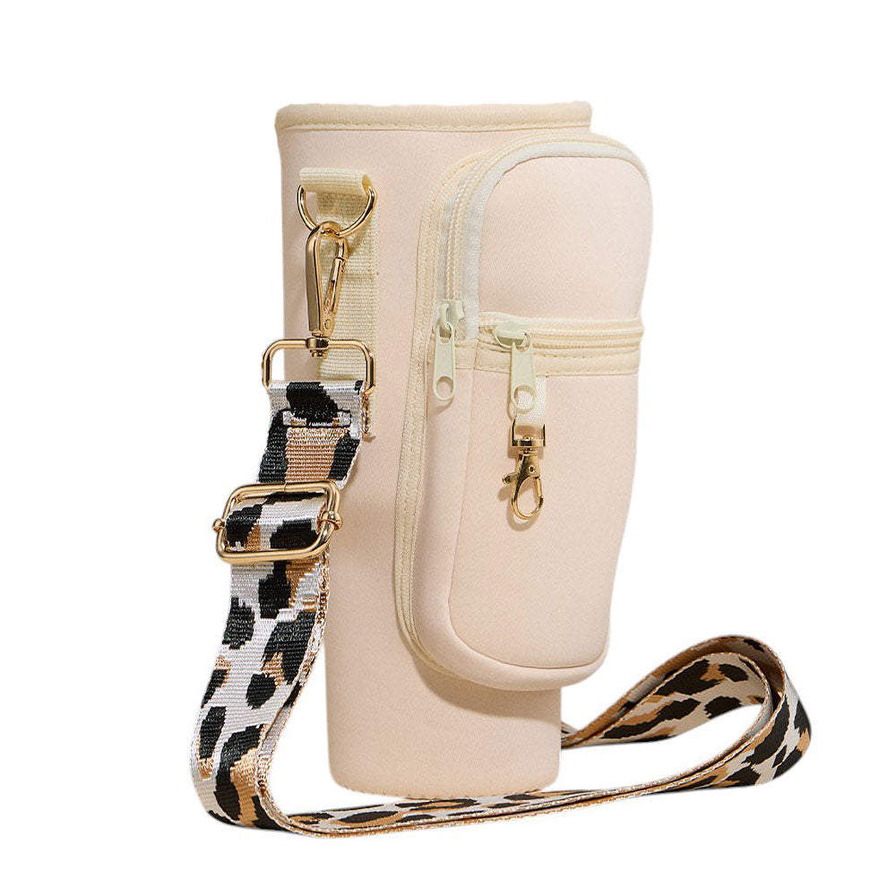 Madeline Love Ivory Solid Tumbler Carrier Holder Leopard Pattern Strap Crossbody Bag - Bags & Wallets - desc