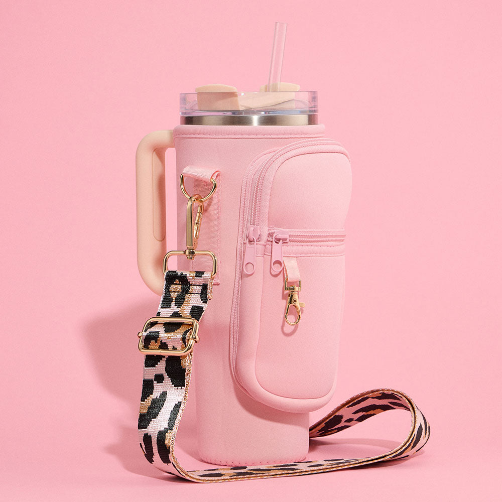 Madeline Love Light, Pink Solid Tumbler Carrier Holder Leopard Pattern Strap Crossbody Bag - Bags & Wallets