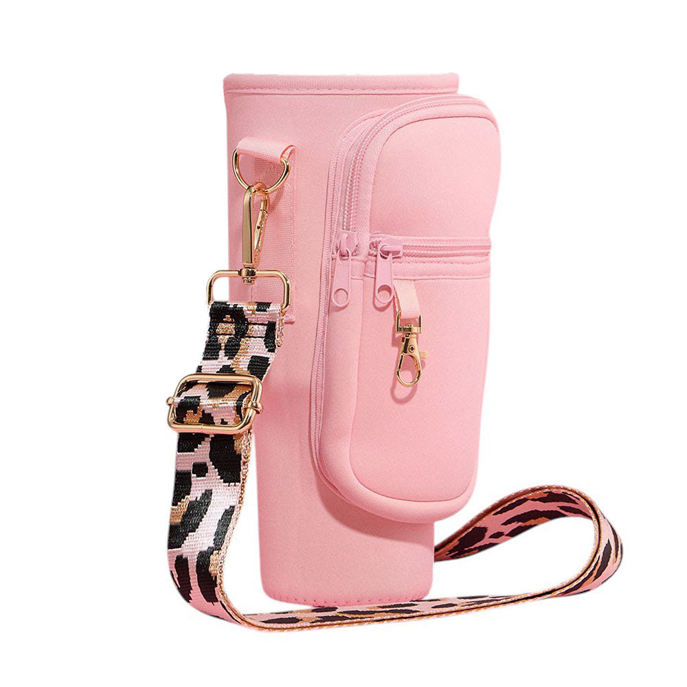 Madeline Love Light, Pink Solid Tumbler Carrier Holder Leopard Pattern Strap Crossbody Bag - Bags & Wallets - desc