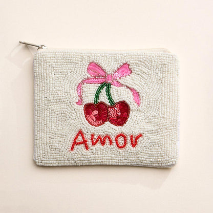 Madeline Love Multi AMOR Message Bow Cherry Beaded Mini Pouch Bag - Bags & Wallets