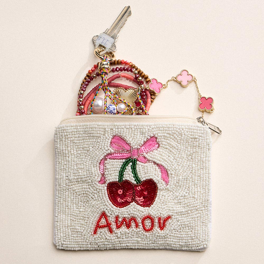Madeline Love Multi AMOR Message Bow Cherry Beaded Mini Pouch Bag - Bags & Wallets - extra