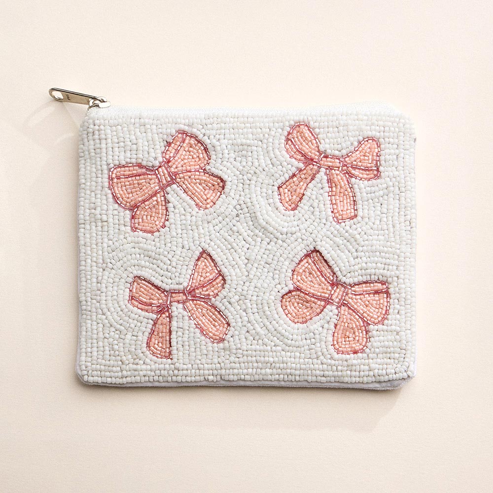 Madeline Love Pink, White Bow Seed Beaded Mini Pouch Bag - Bags & Wallets
