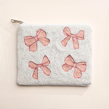 Madeline Love Pink, White Bow Seed Beaded Mini Pouch Bag - Bags & Wallets