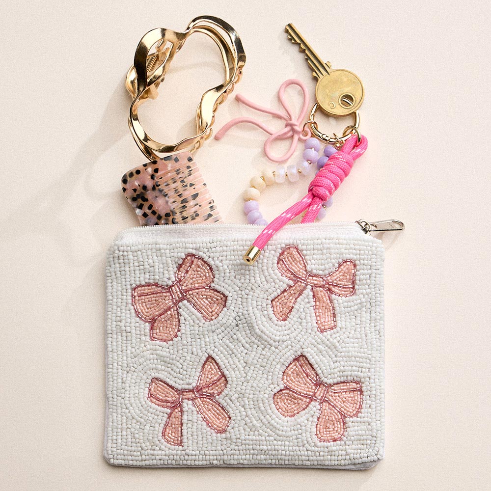 Madeline Love Pink, White Bow Seed Beaded Mini Pouch Bag - Bags & Wallets - extra
