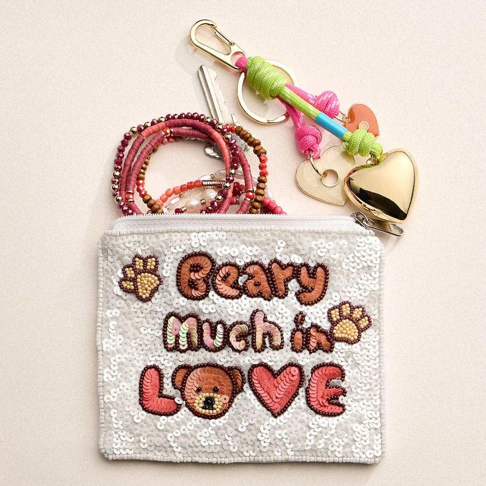 Madeline Love Multi BEARY MUCH IN LOVE Message Sequin Seed Beaded Mini Pouch Bag - Bags & Wallets - extra