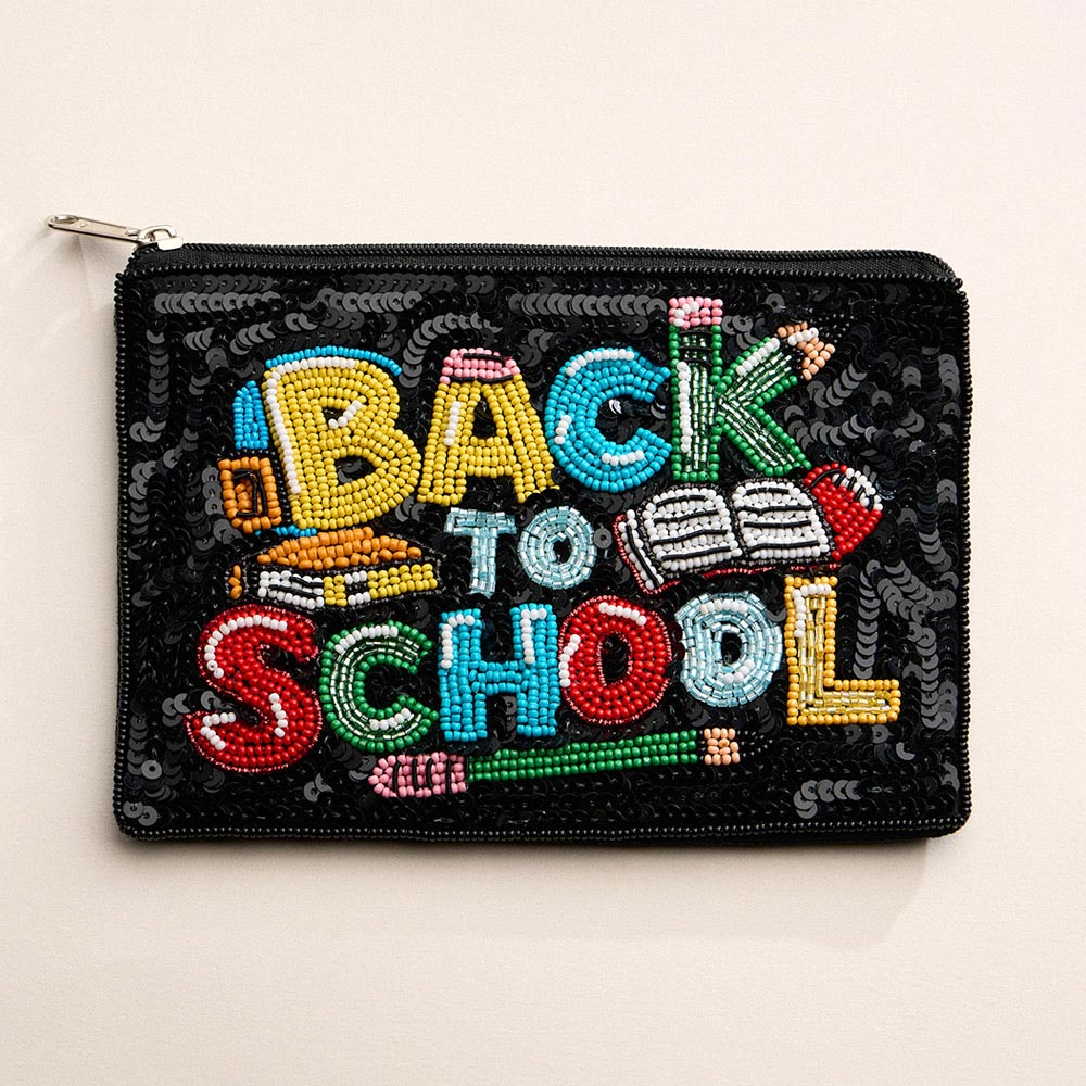 Madeline Love Black, Multi BACK TO SCHOOL Message Sequin Seed Beaded Mini Pouch Bag - Bags & Wallets