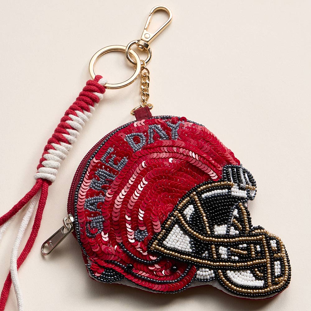 Madeline Love Gray, Red ALABAMA GAME DAY Football Helmet Sequin Seed Beaded Knot Keychain Mini Pouch Bag - Bags & Wallets