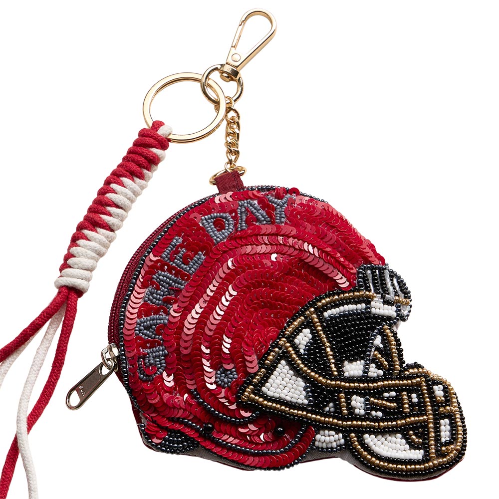 Madeline Love Gray, Red ALABAMA GAME DAY Football Helmet Sequin Seed Beaded Knot Keychain Mini Pouch Bag - Bags & Wallets - desc