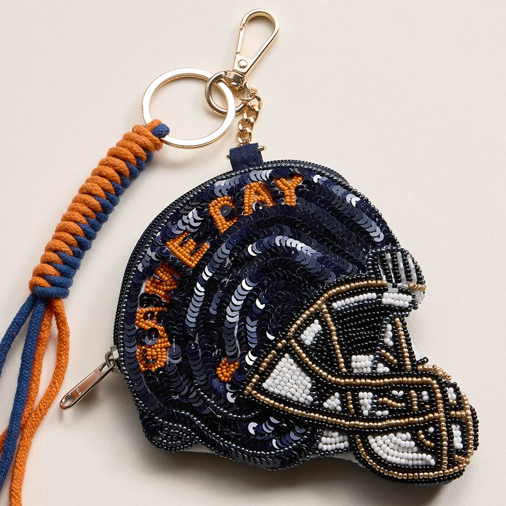 Madeline Love Navy, Orange AUBURN GAME DAY Football Helmet Sequin Seed Beaded Knot Keychain Mini Pouch Bag - Bags & Wallets