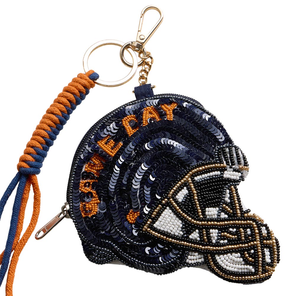 Madeline Love Navy, Orange AUBURN GAME DAY Football Helmet Sequin Seed Beaded Knot Keychain Mini Pouch Bag - Bags & Wallets - desc