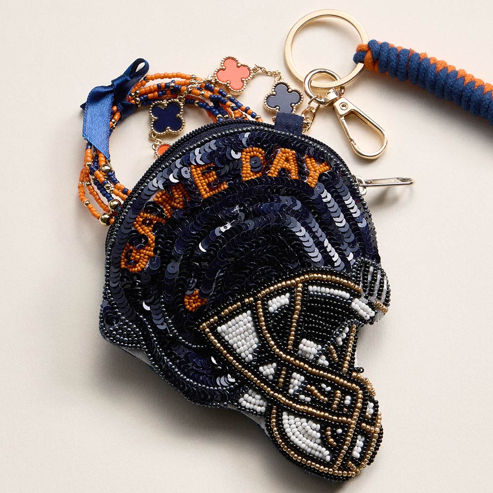 Madeline Love Navy, Orange AUBURN GAME DAY Football Helmet Sequin Seed Beaded Knot Keychain Mini Pouch Bag - Bags & Wallets - extra