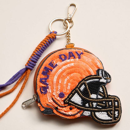 Madeline Love Blue, Orange CLEMSON GAME DAY Football Helmet Sequin Seed Beaded Knot Keychain Mini Pouch Bag - Bags & Wallets