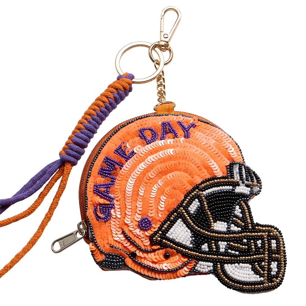 Madeline Love Blue, Orange CLEMSON GAME DAY Football Helmet Sequin Seed Beaded Knot Keychain Mini Pouch Bag - Bags & Wallets - desc