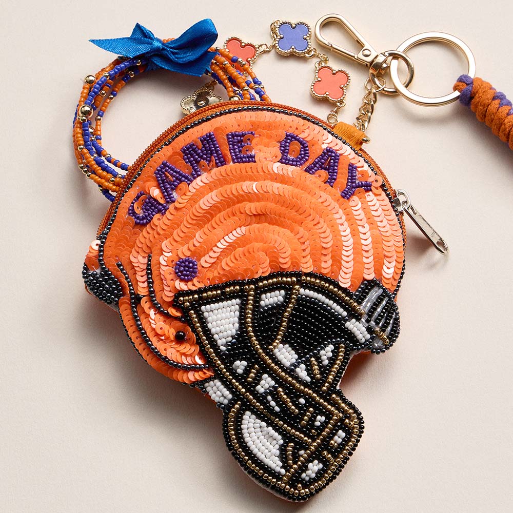 Madeline Love Blue, Orange CLEMSON GAME DAY Football Helmet Sequin Seed Beaded Knot Keychain Mini Pouch Bag - Bags & Wallets - extra