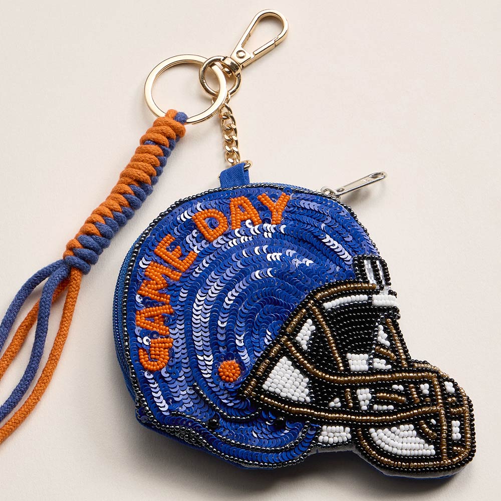Madeline Love Orange, Royal Blue FLORIDA STATE GAME DAY Football Helmet Sequin Seed Beaded Knot Keychain Mini Pouch Bag - Bags & Wallets