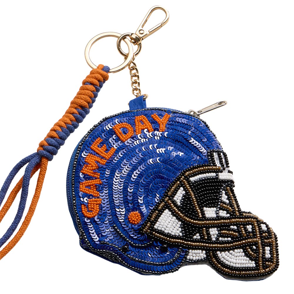 Madeline Love Orange, Royal Blue FLORIDA STATE GAME DAY Football Helmet Sequin Seed Beaded Knot Keychain Mini Pouch Bag - Bags & Wallets - desc