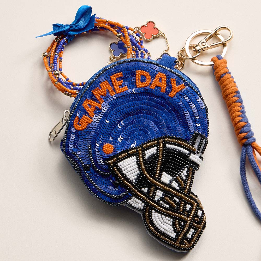 Madeline Love Orange, Royal Blue FLORIDA STATE GAME DAY Football Helmet Sequin Seed Beaded Knot Keychain Mini Pouch Bag - Bags & Wallets - extra