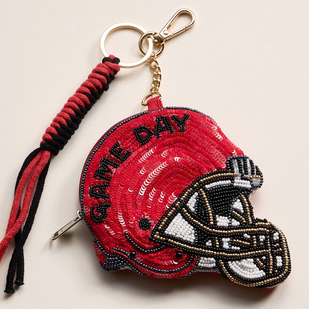 Madeline Love Black, Red GEORGIA GAME DAY Football Helmet Sequin Seed Beaded Knot Keychain Mini Pouch Bag - Bags & Wallets