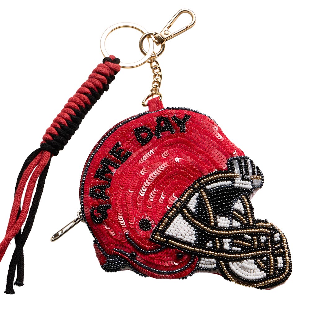Madeline Love Black, Red GEORGIA GAME DAY Football Helmet Sequin Seed Beaded Knot Keychain Mini Pouch Bag - Bags & Wallets - desc