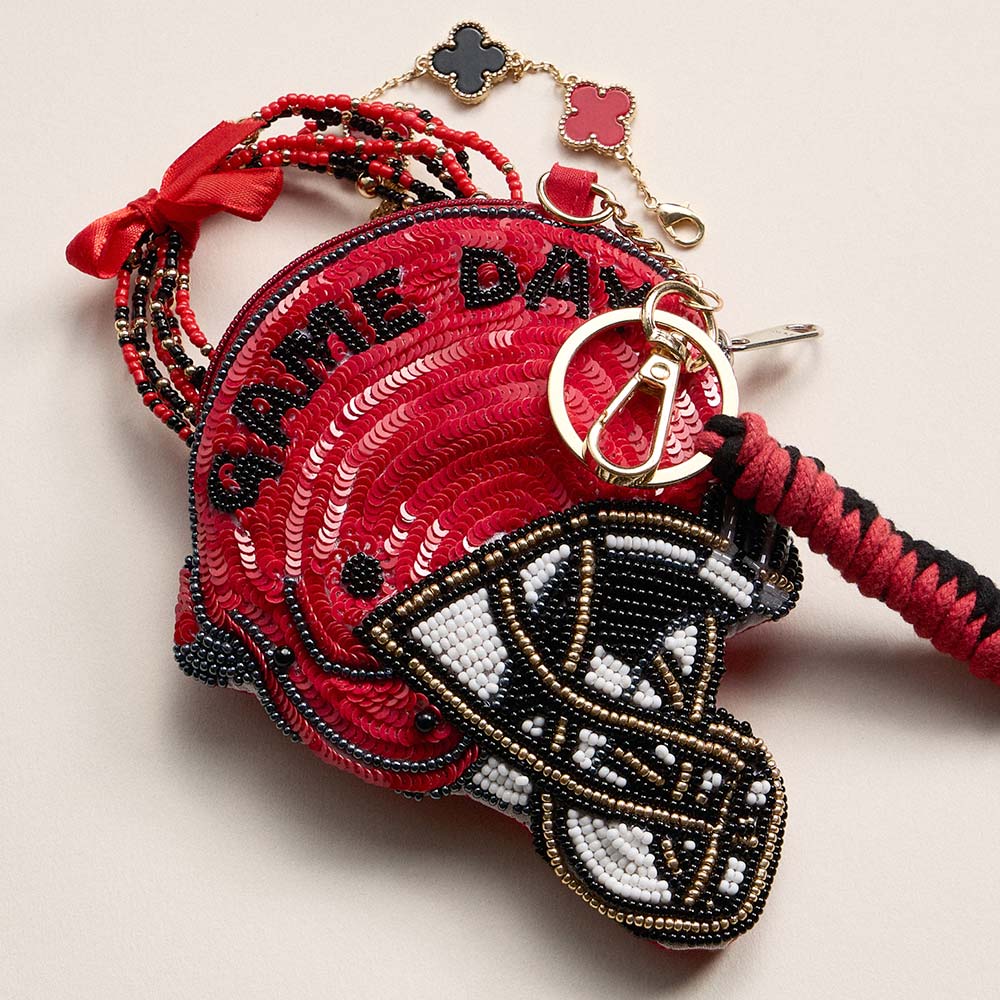 Madeline Love Black, Red GEORGIA GAME DAY Football Helmet Sequin Seed Beaded Knot Keychain Mini Pouch Bag - Bags & Wallets - extra