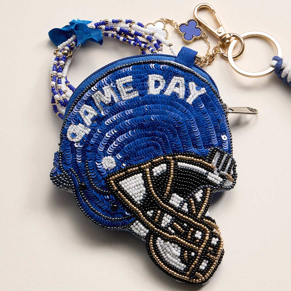 Madeline Love Blue, White KENTUCKY GAME DAY Football Helmet Sequin Seed Beaded Knot Keychain Mini Pouch Bag - Bags & Wallets