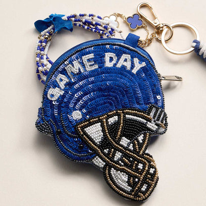 Madeline Love Blue, White KENTUCKY GAME DAY Football Helmet Sequin Seed Beaded Knot Keychain Mini Pouch Bag - Bags & Wallets