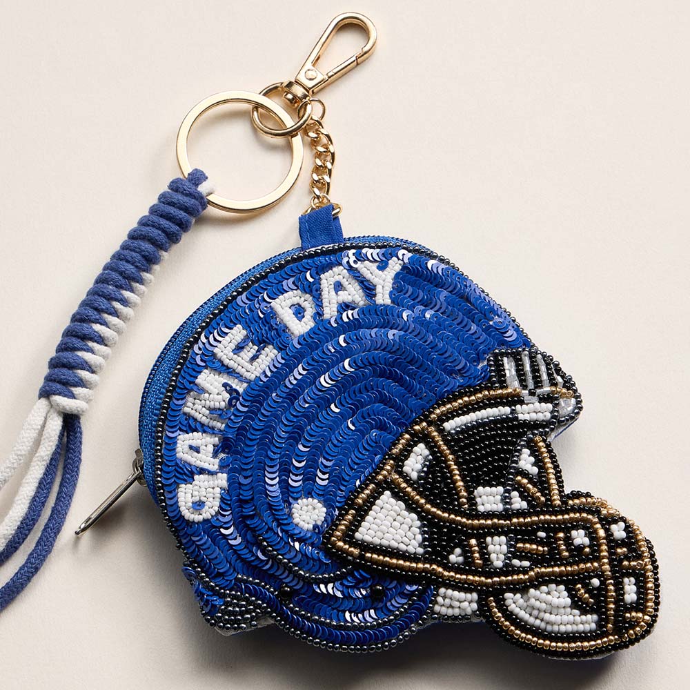 Madeline Love Blue, White KENTUCKY GAME DAY Football Helmet Sequin Seed Beaded Knot Keychain Mini Pouch Bag - Bags & Wallets - desc