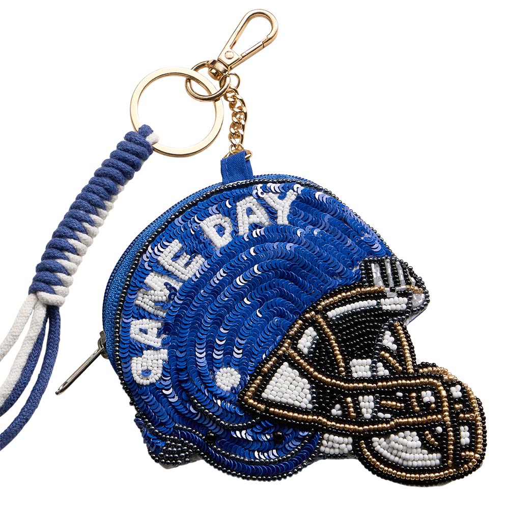 Madeline Love Blue, White KENTUCKY GAME DAY Football Helmet Sequin Seed Beaded Knot Keychain Mini Pouch Bag - Bags & Wallets - extra