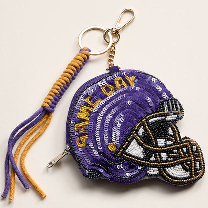 Madeline Love Gold, Purple LSU GAME DAY Football Helmet Sequin Seed Beaded Knot Keychain Mini Pouch Bag - Bags & Wallets