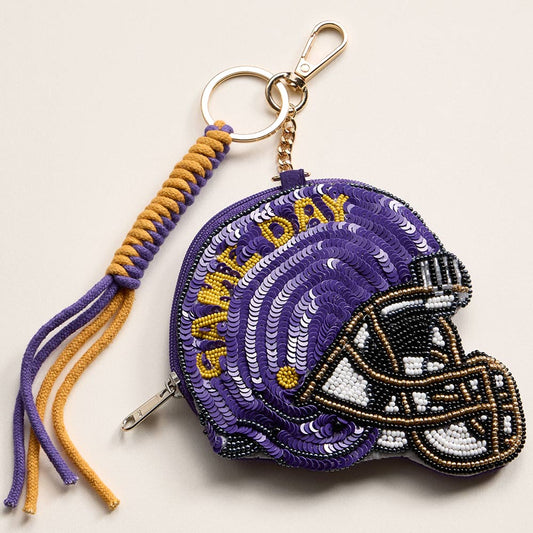 Madeline Love Gold, Purple LSU GAME DAY Football Helmet Sequin Seed Beaded Knot Keychain Mini Pouch Bag - Bags & Wallets