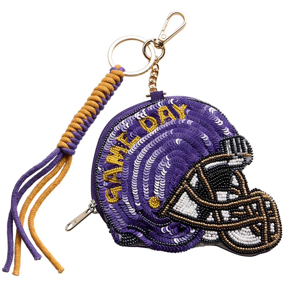 Madeline Love Gold, Purple LSU GAME DAY Football Helmet Sequin Seed Beaded Knot Keychain Mini Pouch Bag - Bags & Wallets - desc