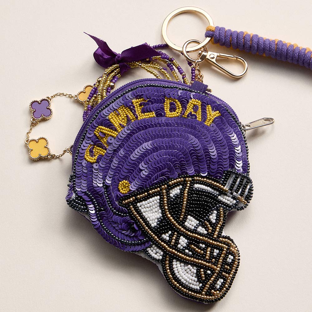 Madeline Love Gold, Purple LSU GAME DAY Football Helmet Sequin Seed Beaded Knot Keychain Mini Pouch Bag - Bags & Wallets - extra
