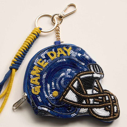 Madeline Love Navy, Yellow NOTRE DAME GAME DAY Football Helmet Sequin Seed Beaded Knot Keychain Mini Pouch Bag - Bags & Wallets