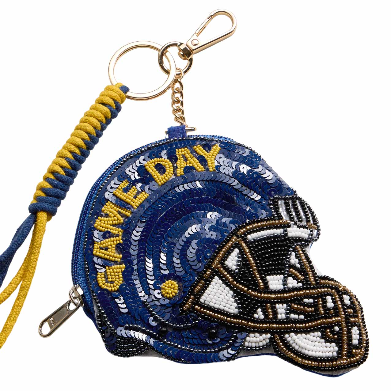 Madeline Love Navy, Yellow NOTRE DAME GAME DAY Football Helmet Sequin Seed Beaded Knot Keychain Mini Pouch Bag - Bags & Wallets - desc