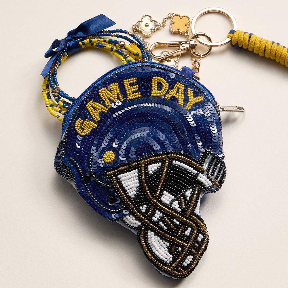 Madeline Love Navy, Yellow NOTRE DAME GAME DAY Football Helmet Sequin Seed Beaded Knot Keychain Mini Pouch Bag - Bags & Wallets - extra