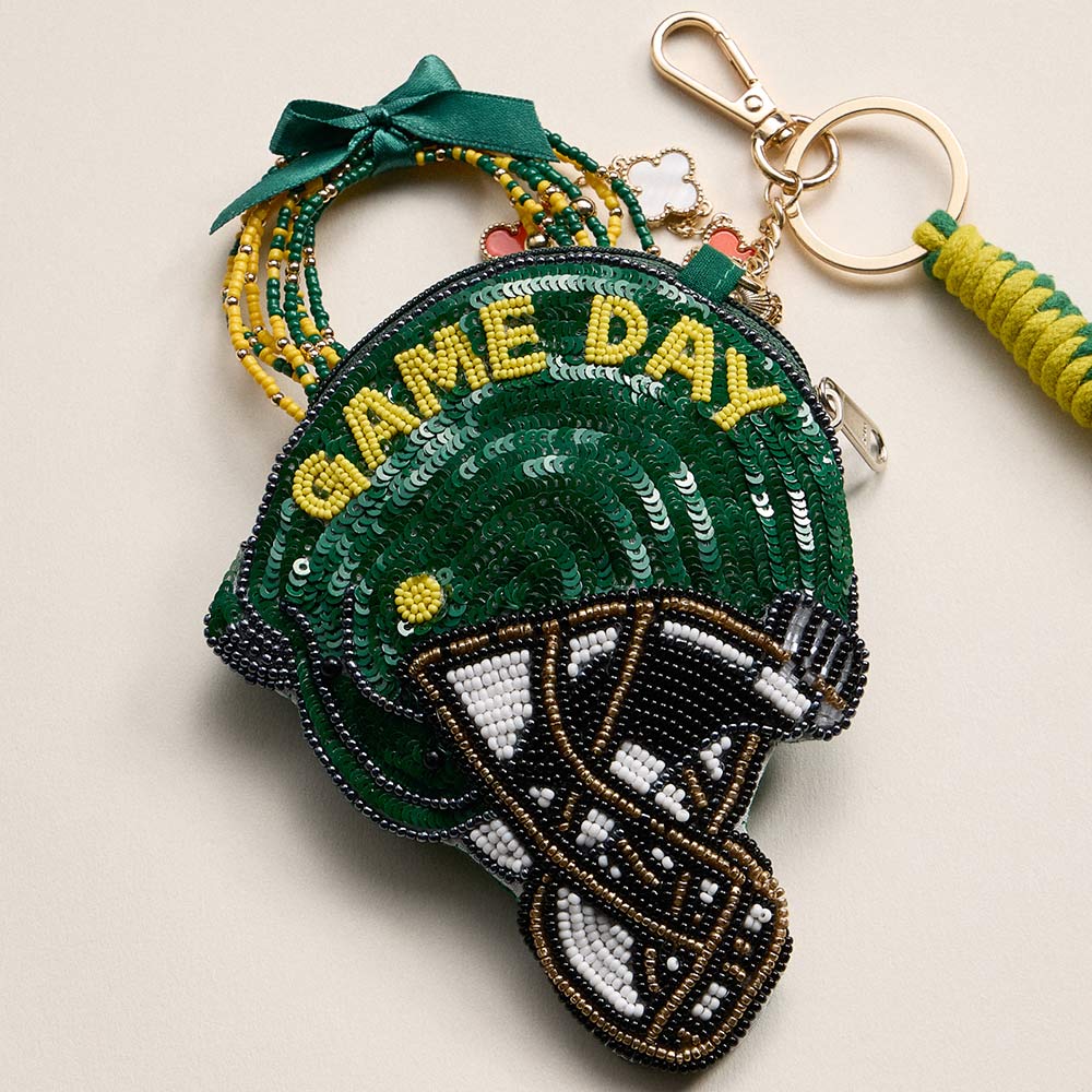 Madeline Love Green, Yellow OREGON GAME DAY Football Helmet Sequin Seed Beaded Knot Keychain Mini Pouch Bag - Bags & Wallets