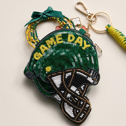 Madeline Love Green, Yellow OREGON GAME DAY Football Helmet Sequin Seed Beaded Knot Keychain Mini Pouch Bag - Bags & Wallets
